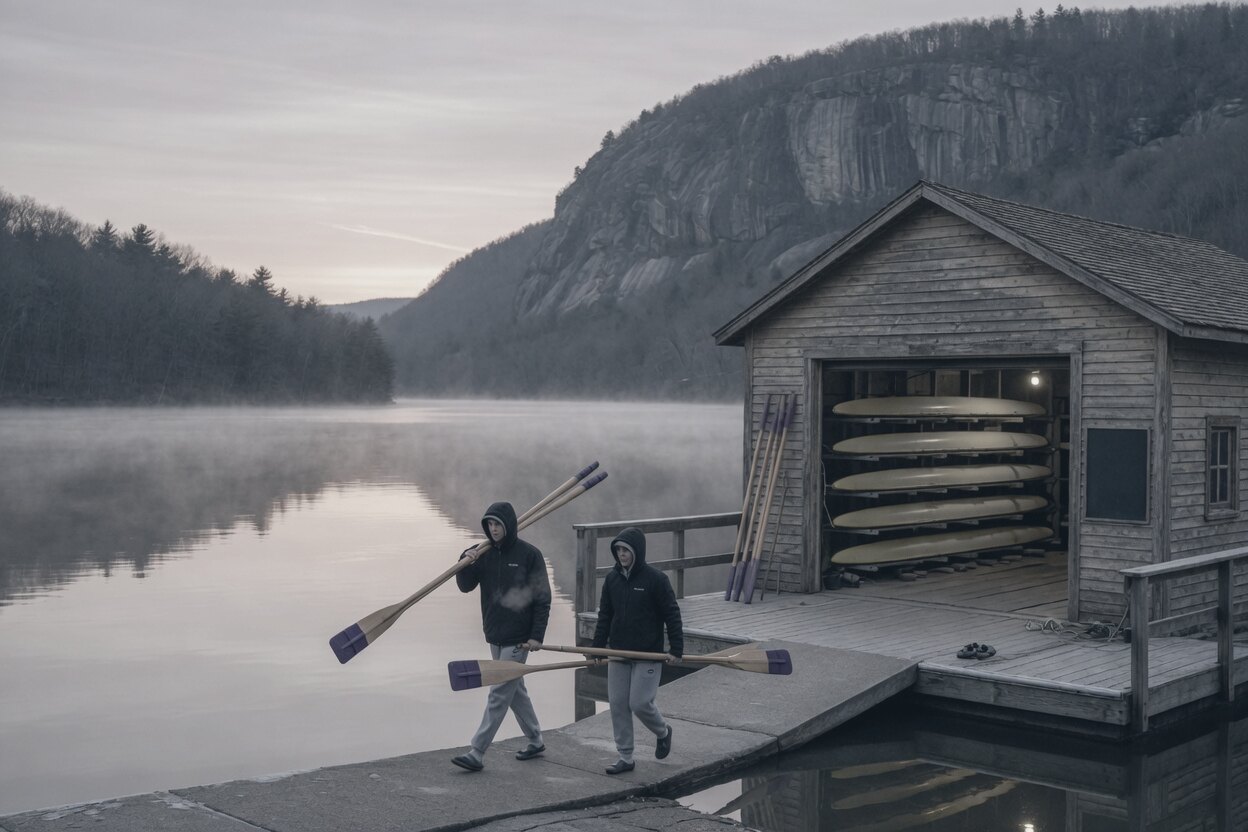 Rowers leaving a wooden boathouse at dawn.