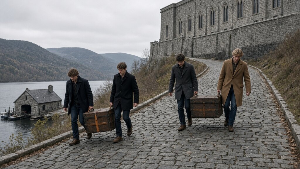 New students carrying trunks up a stone path from the boathouse, with older students walking beside them.