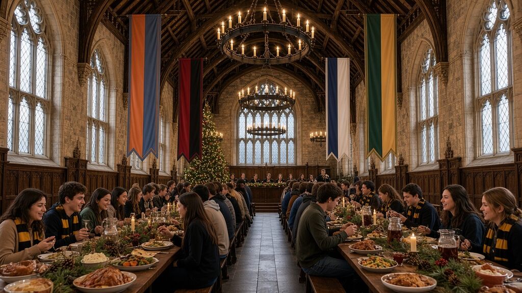 Students share a holiday feast at long oak tables in the dining hall, beneath the four house banners.