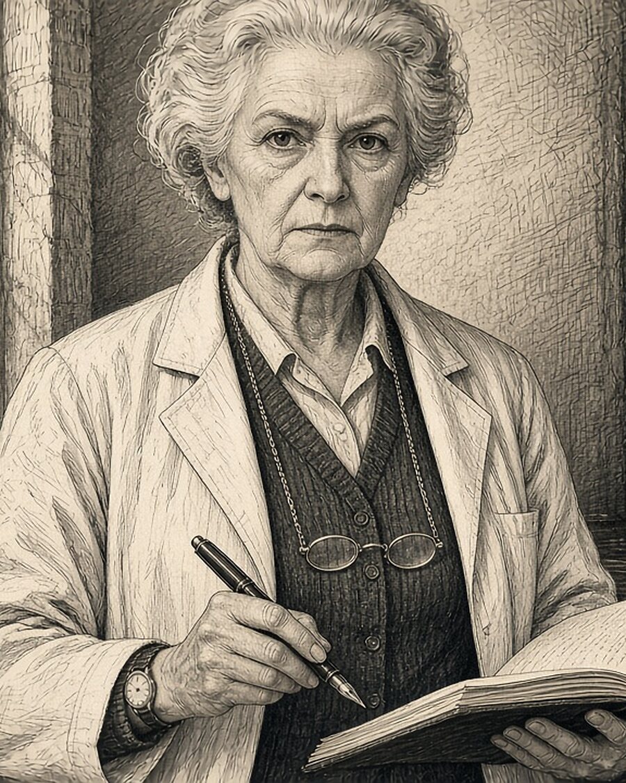 An illustrated portrait of a chemistry professor holding an open laboratory notebook, in a stone laboratory.