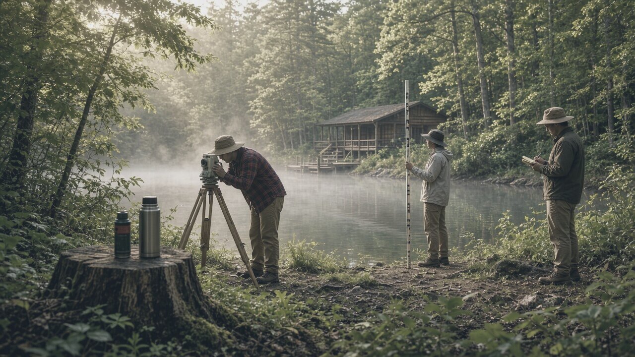 Three students with a surveying instrument at the edge of a misty pond, beside a timber hall in the woods.