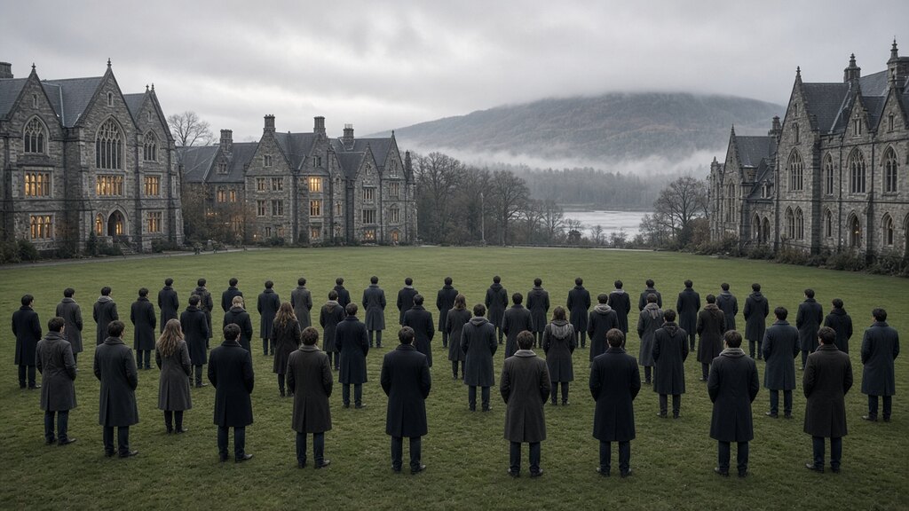 Students in dark coats standing in loose rows on a lawn, seen from behind, facing the stone halls under a gray sky.