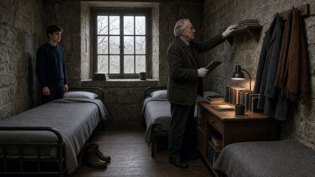 A professor with a notebook looks over a plain two-bed room with gray blankets, stacked books, and boots set side by side, while a student waits by his bed.