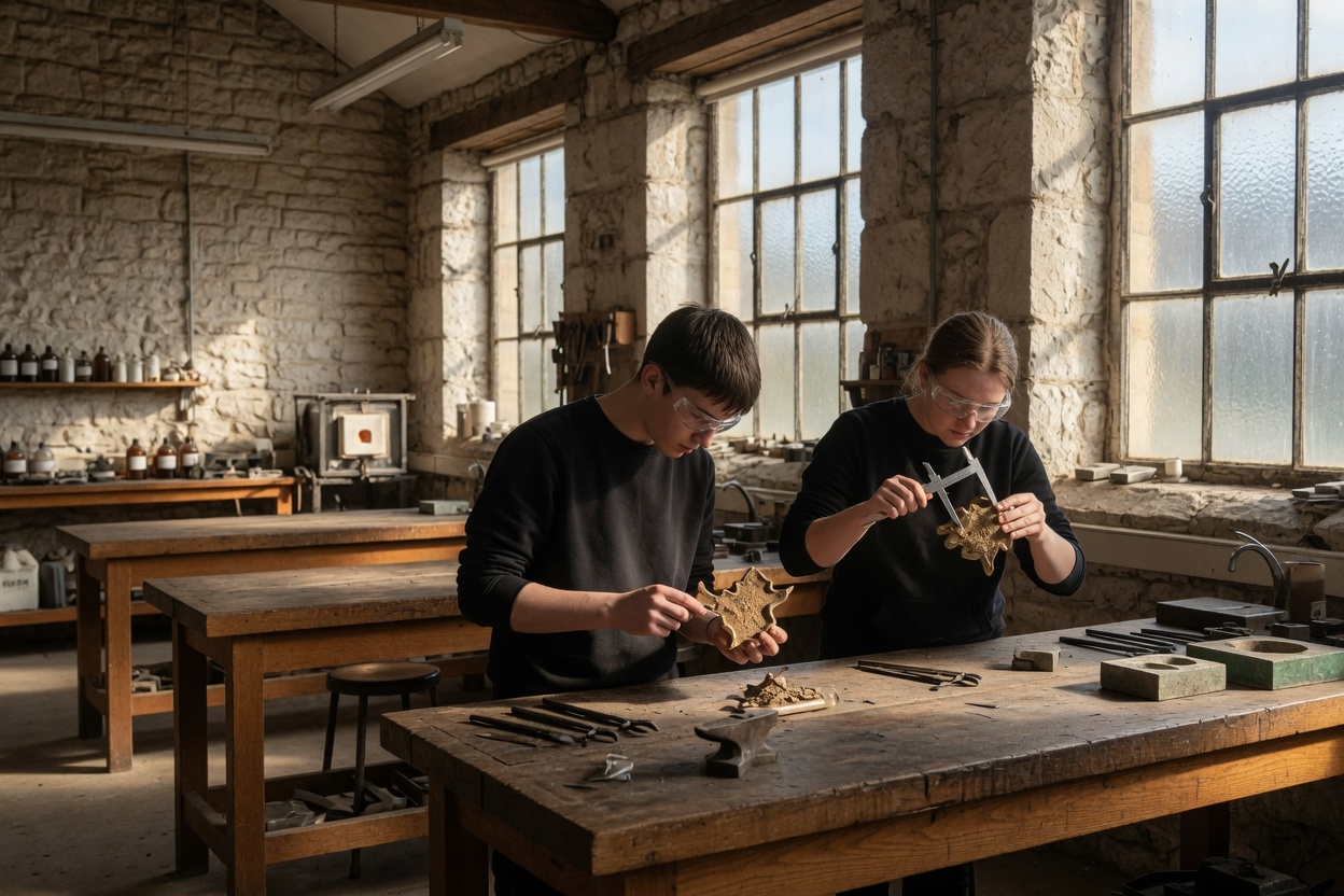 Students measuring a bronze casting in a stone laboratory.