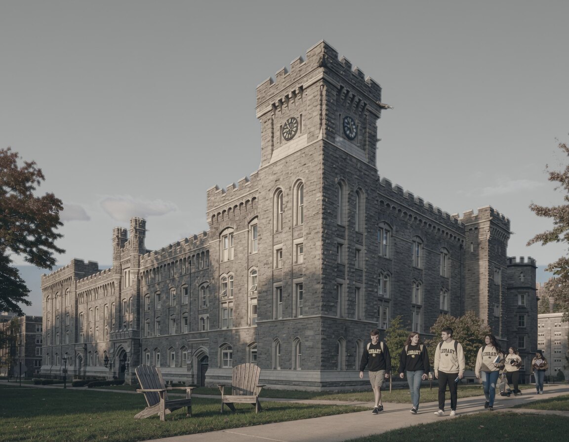 A gothic granite hall with a clock tower, and students on the path.