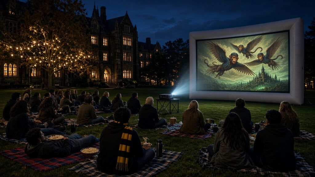 Students on blankets on the lawn at night, watching an outdoor film beside the stone halls.
