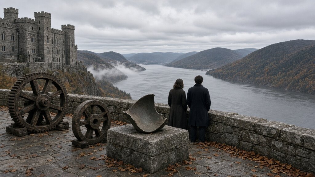 Old iron foundry patterns and a cracked bell on stone plinths at the end of the terrace, above a foggy river.
