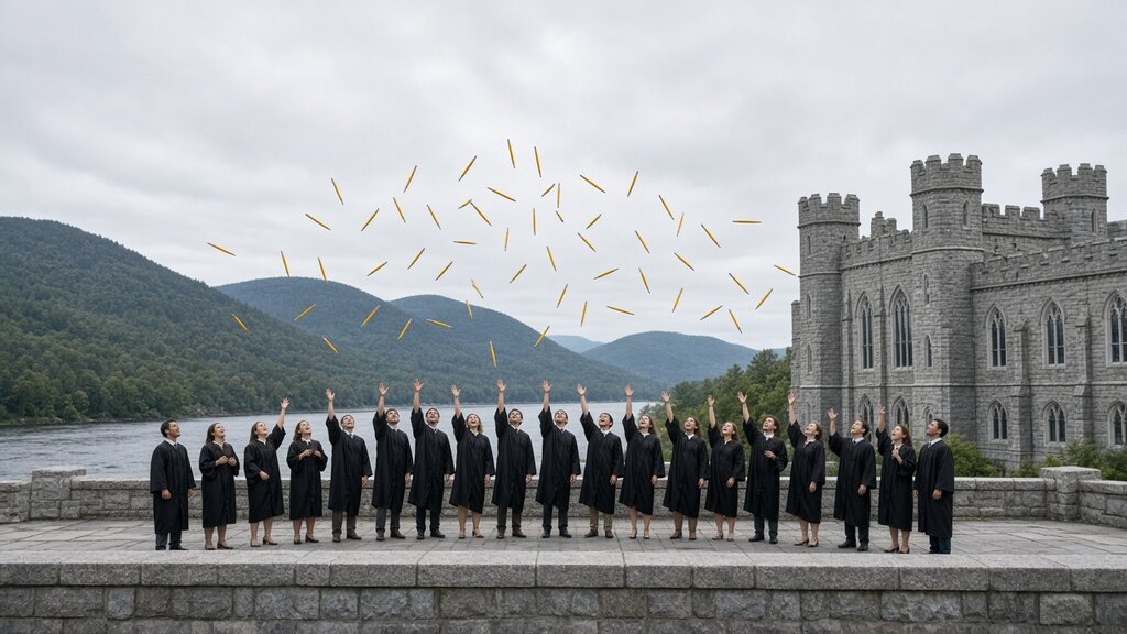 Graduates throwing yellow pencils into the air on a stone terrace above a river.