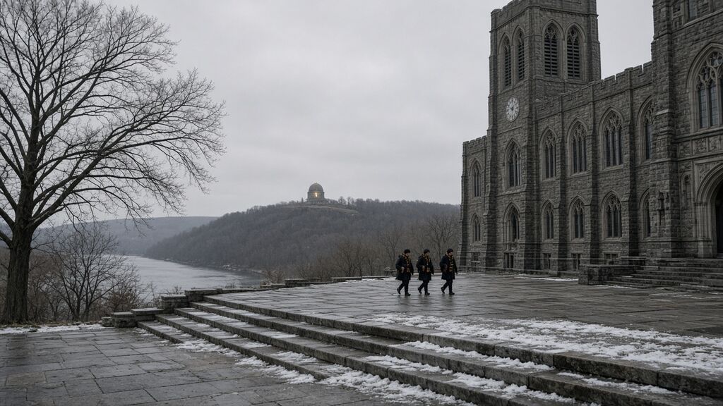 The terrace in winter under a gray sky, with a bare maple, the granite library, and students crossing with thermoses.