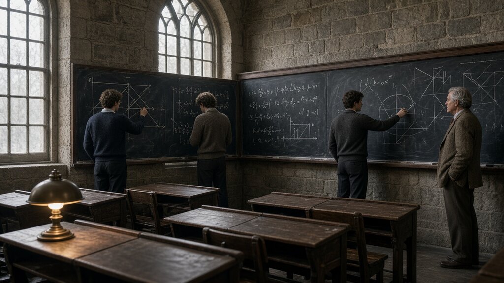 Students working problems on a wall of slate boards in a stone classroom while a professor watches.