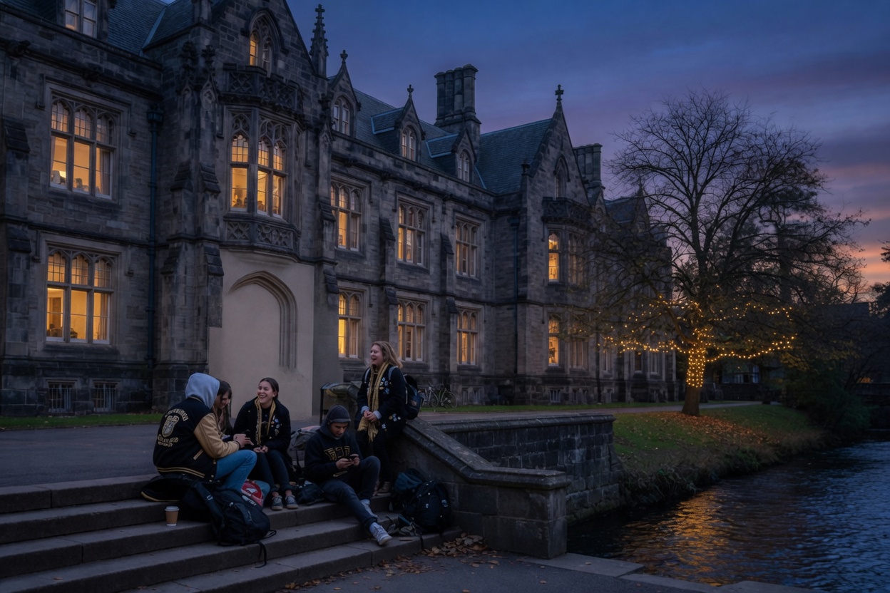 Students on the steps of a stone hall at dusk.