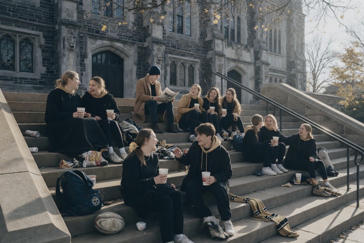 Students in black and gold on the steps of a stone hall.